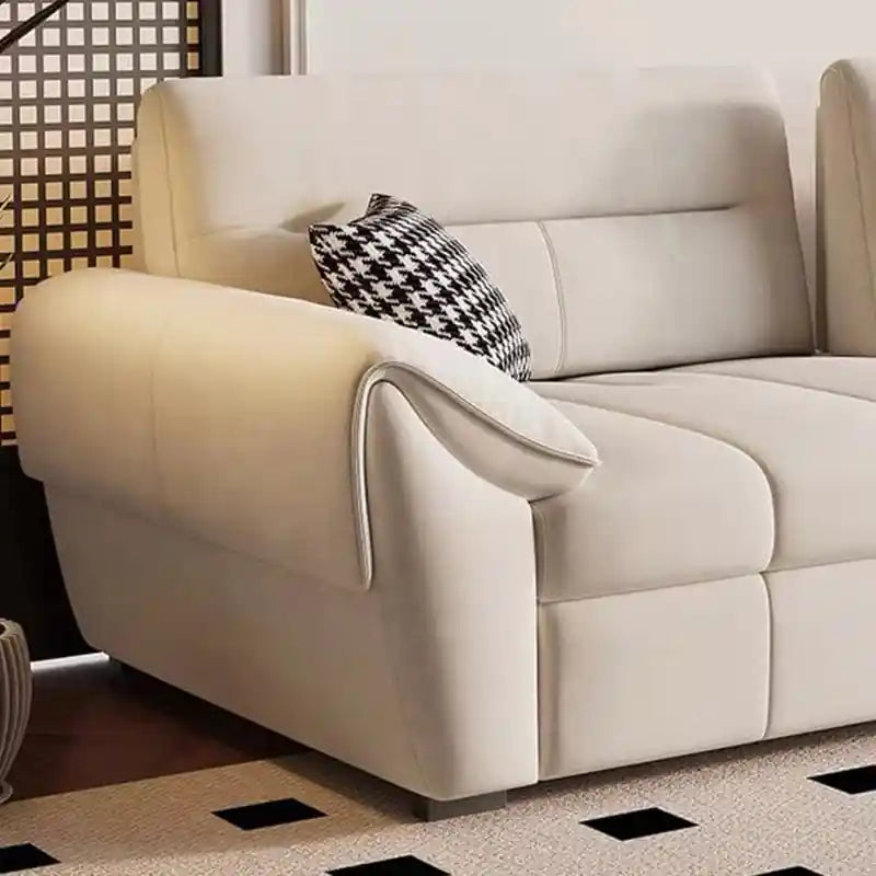 Sofa bed couch with pull-back mechanism, full-length bed layout, soft fabric finish, and practical sofa cum bed design