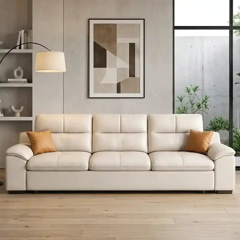 beige sofa bed with adjustable headrests and wide armrests