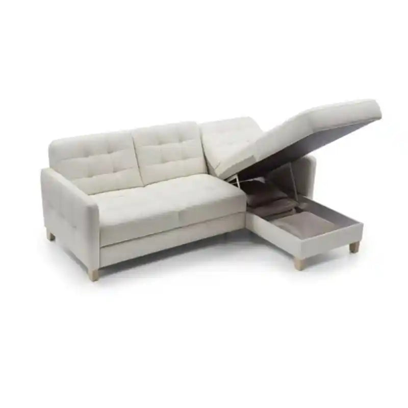  cream L shape sofa bed side view with wide block arms, tapered wooden legs, chaise storage, and sofa cum bed design