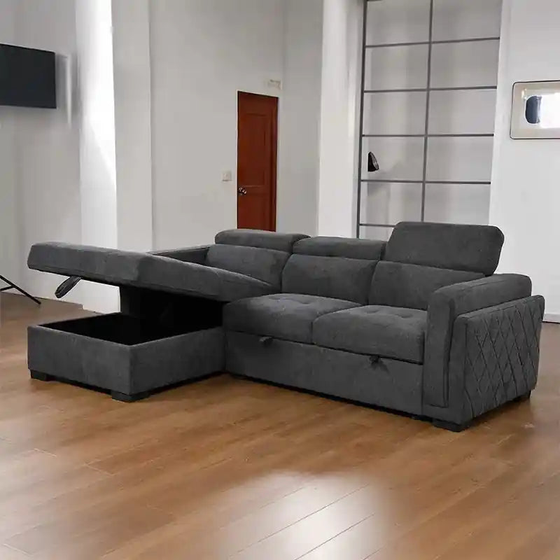  grey pull-out sofa bed product view with chaise storage, padded arms, and modern sofa cum bed design