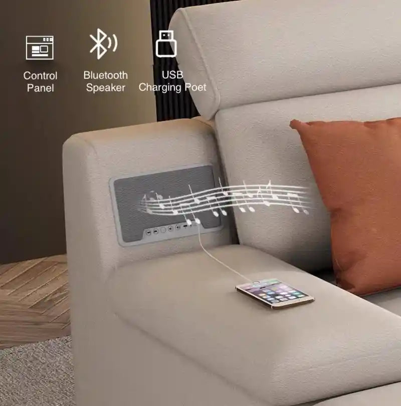  cream L shape sofa bed with under-seat storage, Bluetooth speaker, USB charging port, and pull-out bed function