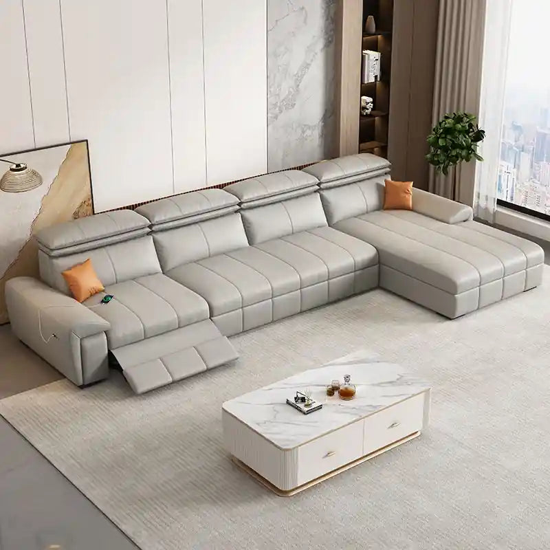  brown sofa cumm bed with adjustable headrests, fold-out footrest, and chaise layout