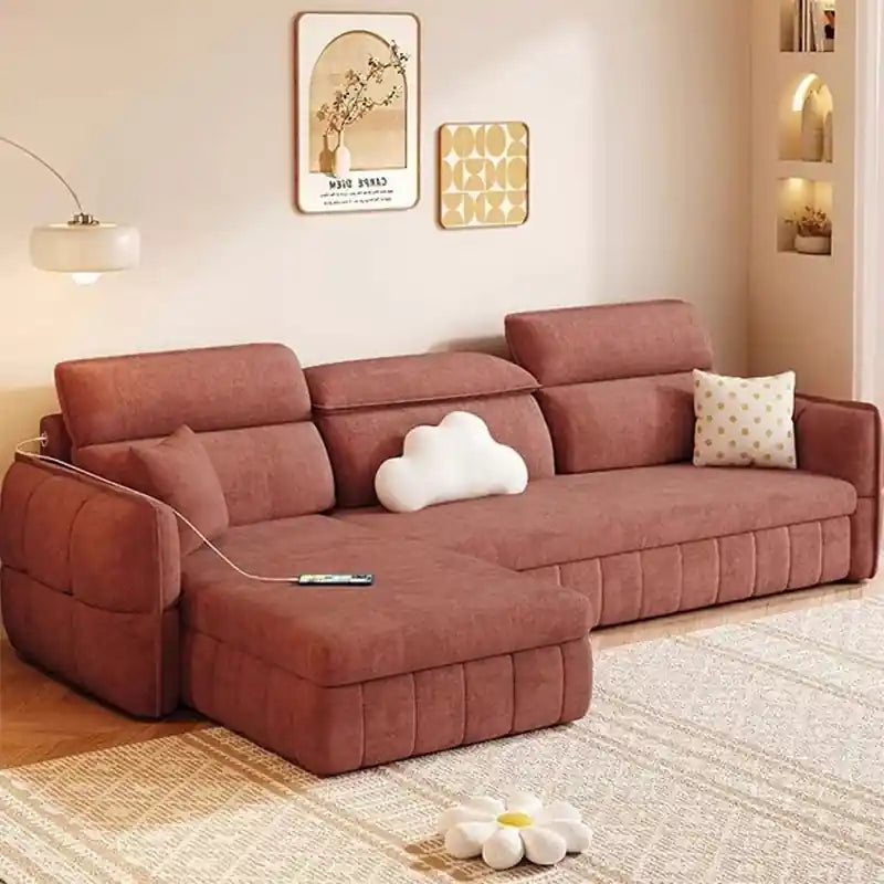 rust brown modern sofa bed close-up with padded arm, channel detail, and soft fabric finish