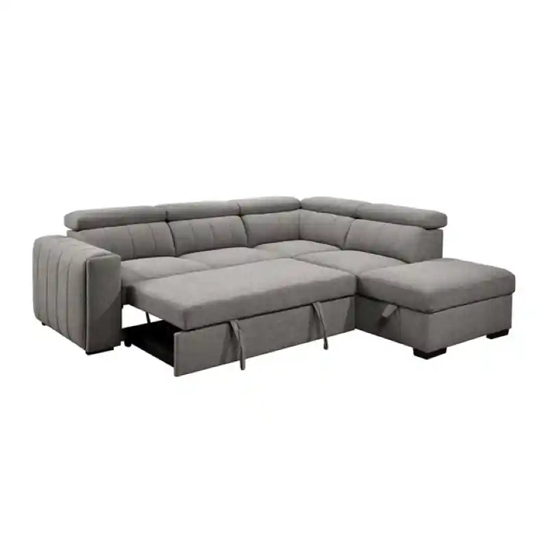  grey L shape sofa bed with chaise storage, sectional layout, and cushioned seating