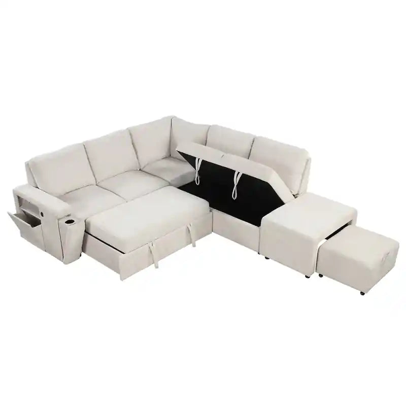 cream sofacumbed front view with under-seat storage, compact sectional design, and modern couch bed comfort