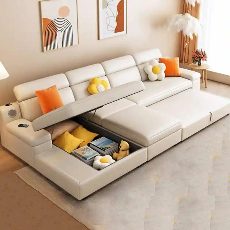 pull-out sofa bed showing open under-seat storage and charging panel for daily convenience