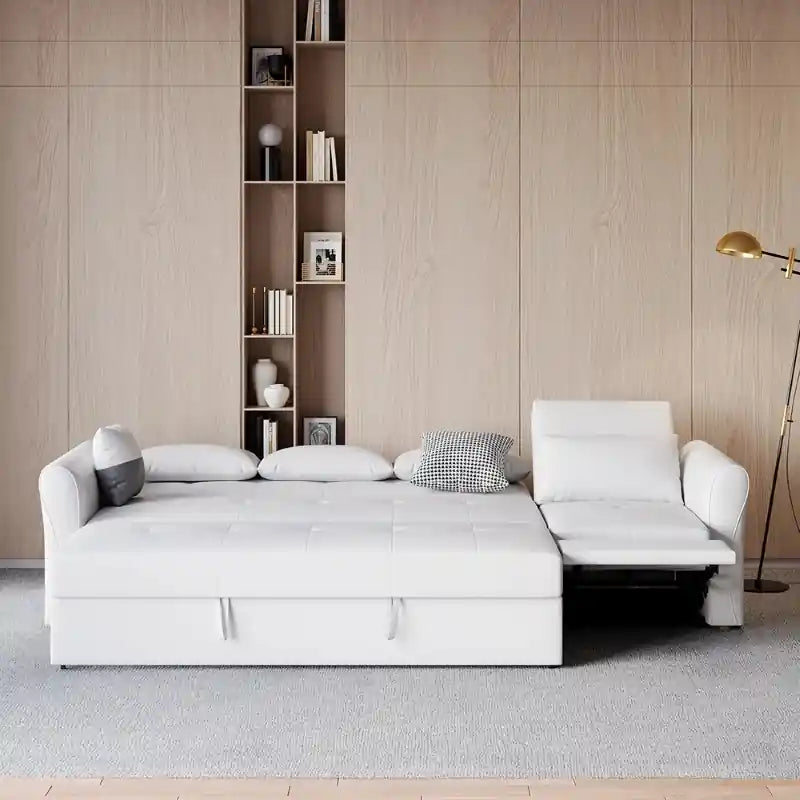  white sofa cam bed with slide-out tray, USB panel, sleeper platform, sofa cum bed utility, and couch bed comfort