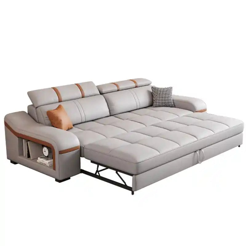  grey pull-out sofa bed isolated view with quilted seats, integrated side shelf, and modern couch bed functionality