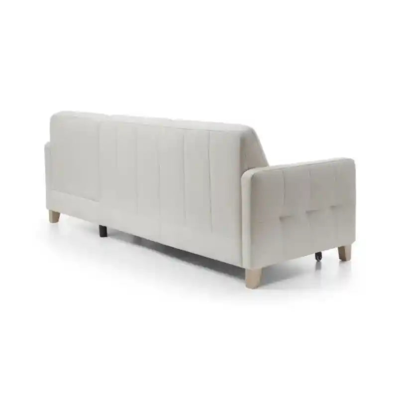  cream sofa cumm bed back view with square tufted panels, chaise layout, compact sofa bed structure, and modern sofacumbed styling