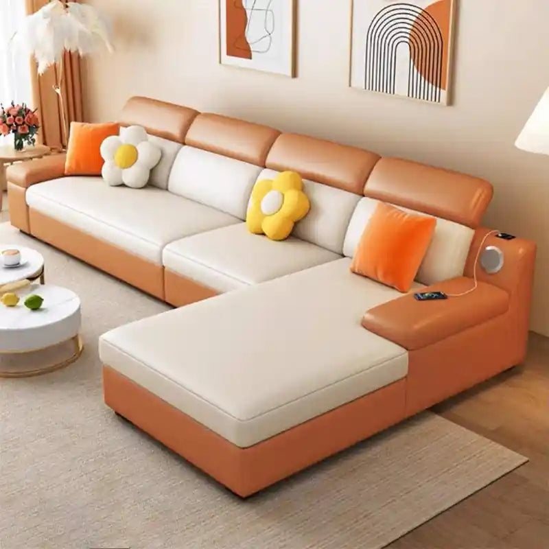  orange L shape sofa bed with pull-out bed function, under-seat storage, and chaise seating
