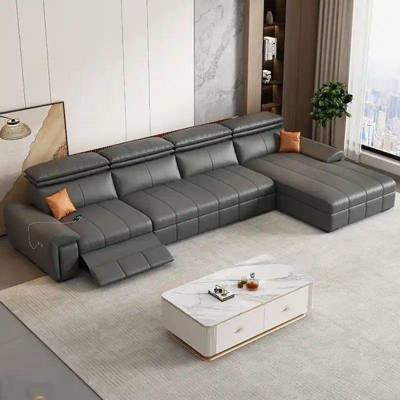 brown L shape sofa bed with chaise lounge, USB charging port, and sleeper extension