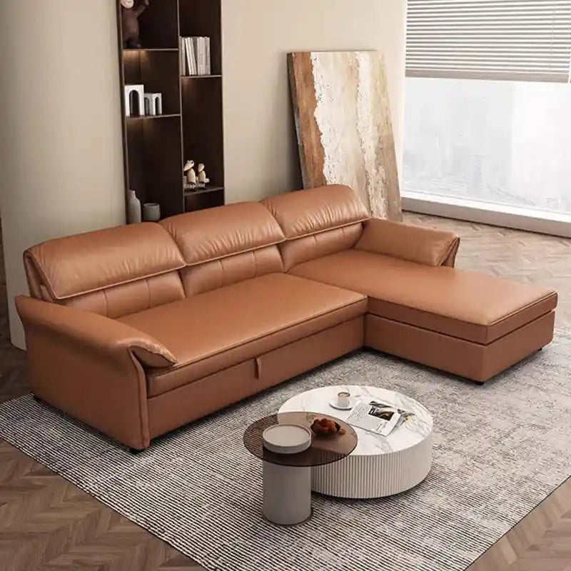 L shape sofa bed in tan brown with under-seat storage, chaise lounge, raised headrests, and modern sofa bed design
