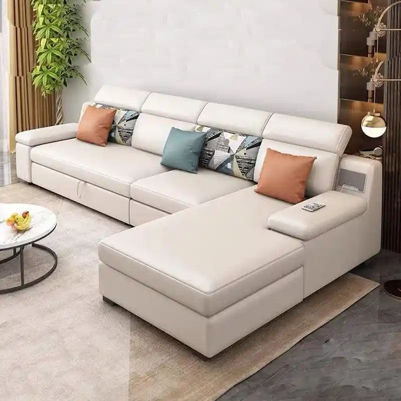  cream pull-out sofa bed with chaise lounge, modern living room layout, and sofa to bed functionality