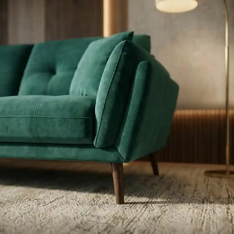 Grey 3 seater leather sofa with tufted backrest, flared arms, wooden legs, and settee-style comfort