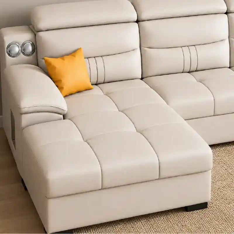modern L-shaped form. This convertible sofa bed works well as a couch sleeper, offering a smooth