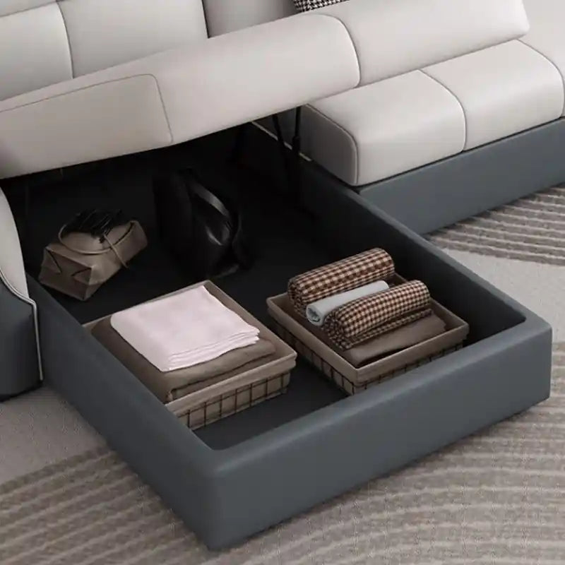 cream grey sofa cumm bed with storage, USB ports, and side pocket