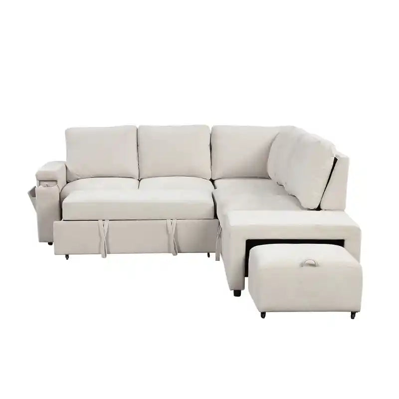cream sofa bed back view with storage armrest, L shape sofa cum bed layout, and flexible apartment use