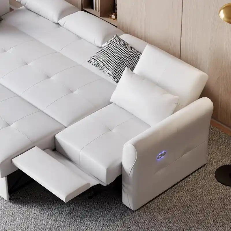 white sofa cum bed close-up with square channel stitching, loose cushions, modern sofa bed finish, and sofa cam bed styling