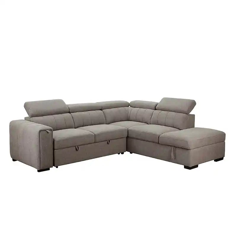 L shape couch bed in grey fabric with chaise layout and practical storage design