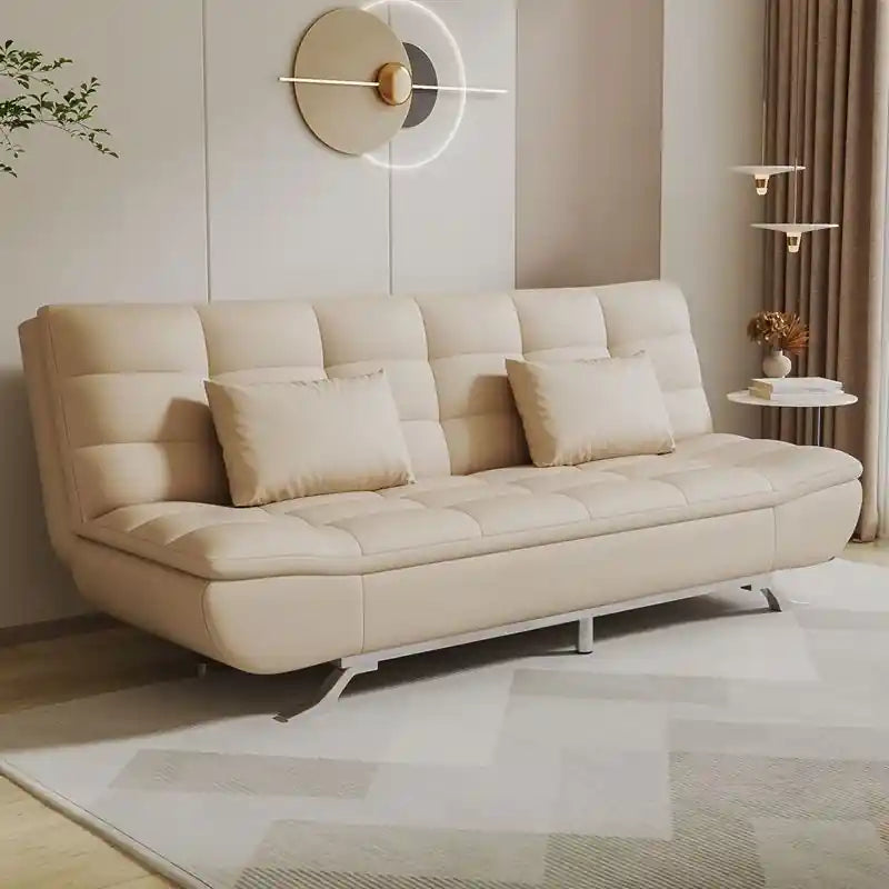  grey modern sofa bed with fold-down mechanism, compact space-saving design, and tufted seating