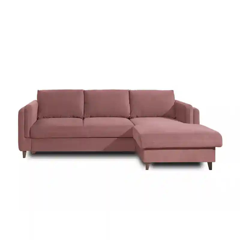 white L shape sofa bed with chaise lounge shown in compact living room view