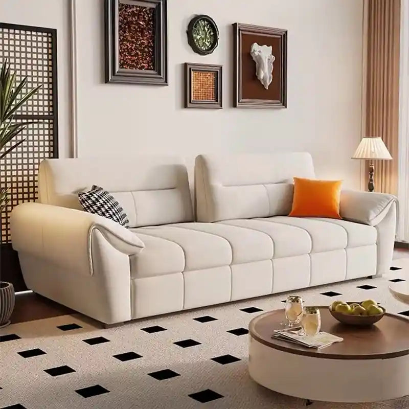 Convertible couch sleeper with pull-out sofa bed function, flat sleeping surface, geometric panels, and compact home comfort