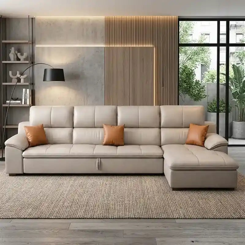 beige sofa bed couch with pull-out bed and storage design