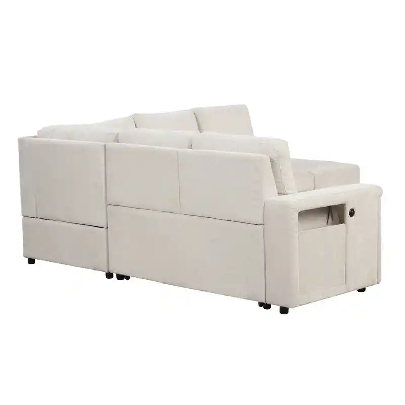 Close-up of sofa cam bed side storage pocket with USB charging port, utility armrest, and daily-use convenience