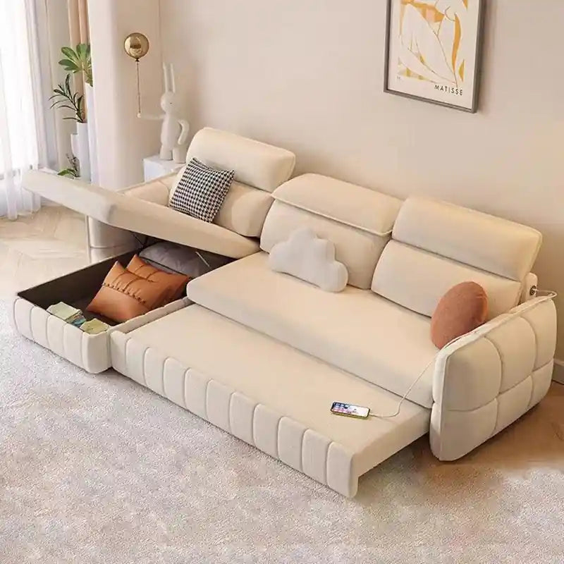 cream modern sofa bed with chaise lounge, USB port, storage ottoman, and wide seating layout