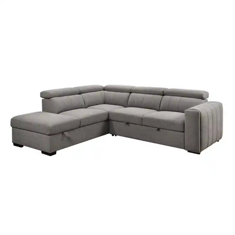 L shape sofa bed in grey fabric close-up showing hidden cup holder tray in the armrest