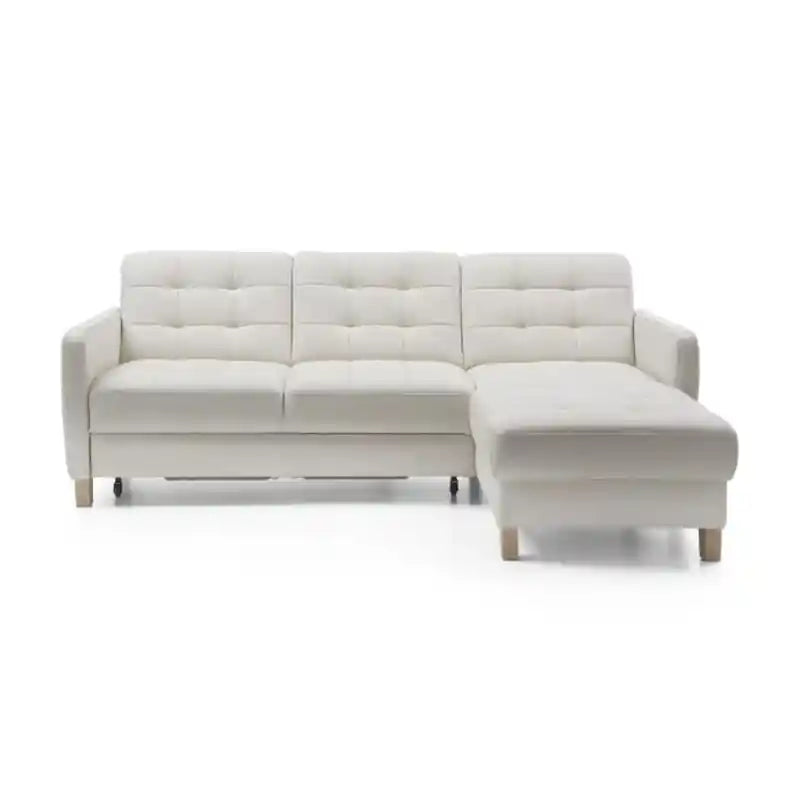  cream sofacumbed front view with L shape sofa bed layout, chaise storage, pull-out sleeper use, and couch bed comfort