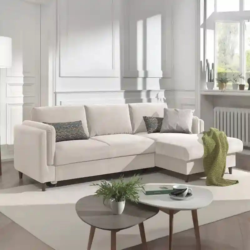white sofa bed storage design with lift-up chaise and pull-out bed function