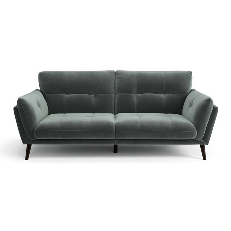 Green leather sofa with tufted backrest, straight 3 seater sofa layout, padded arms, and wooden legs