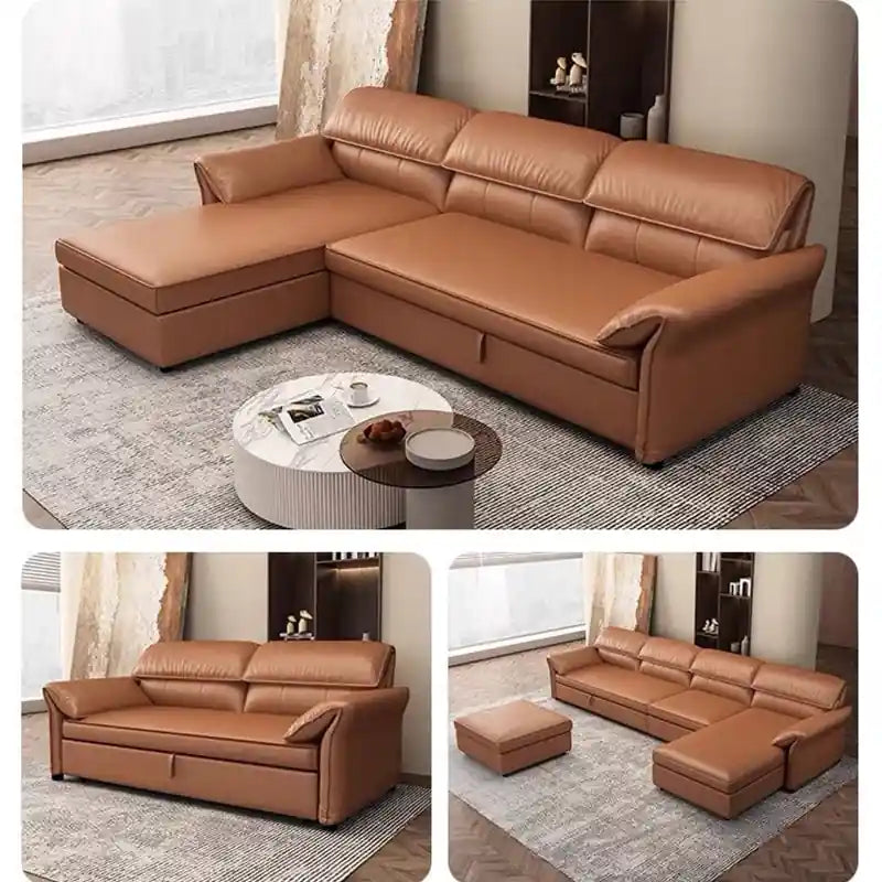  tan brown couch bed with pull-out sleeping surface, wide padded arms, and raised pillow headrest support