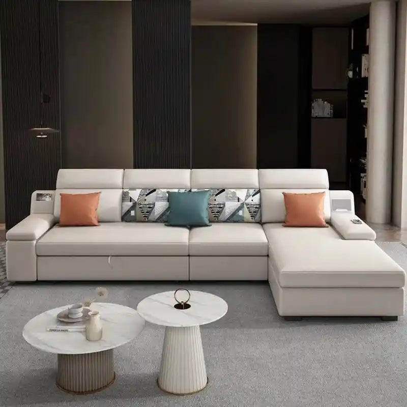  cream sofa bed close-up showing armrest storage pocket, smart control panel, and premium cushioned seating