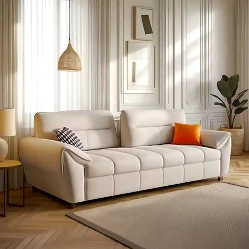 Space-saving sofa cum bed with pocket spring seating, tufted fabric upholstery, medium-firm comfort, and modern couch bed use