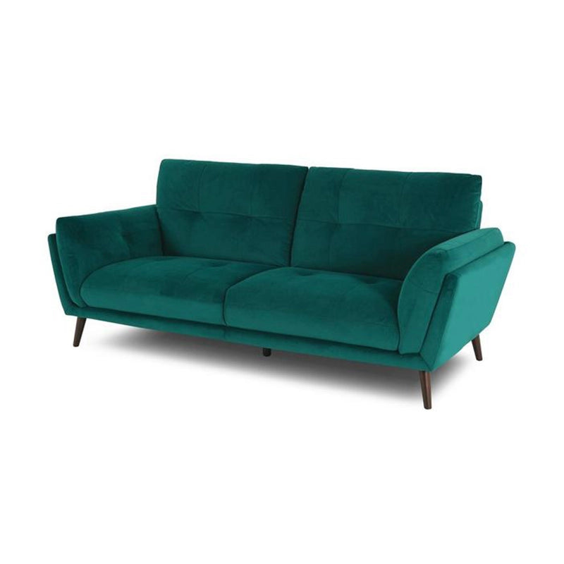 Grey leather sofa front view with tufted cushions, wooden legs, curved arms, and modern sofa design