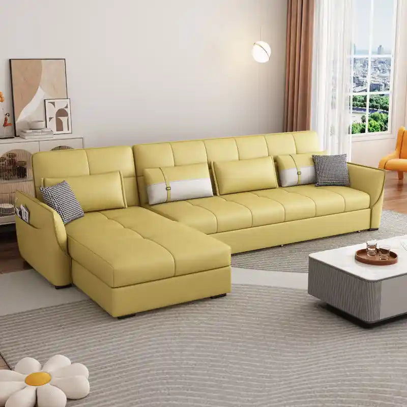 L shape sofa bed showing open chaise storage compartment for bedding and essentials