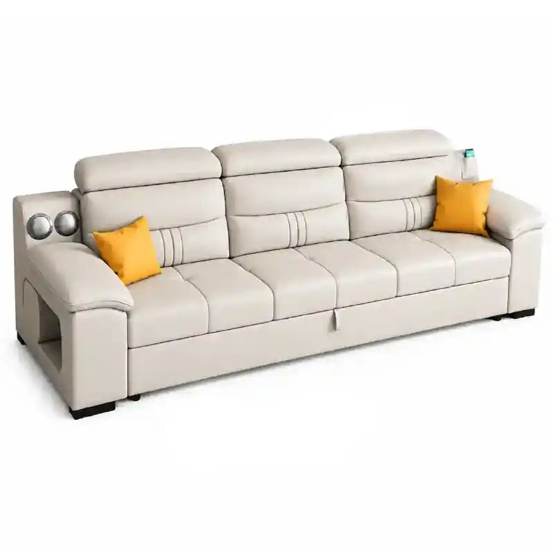 Upholstered in soft beige fabric, the sectional settee features tufted cushioning, adjustable headrests