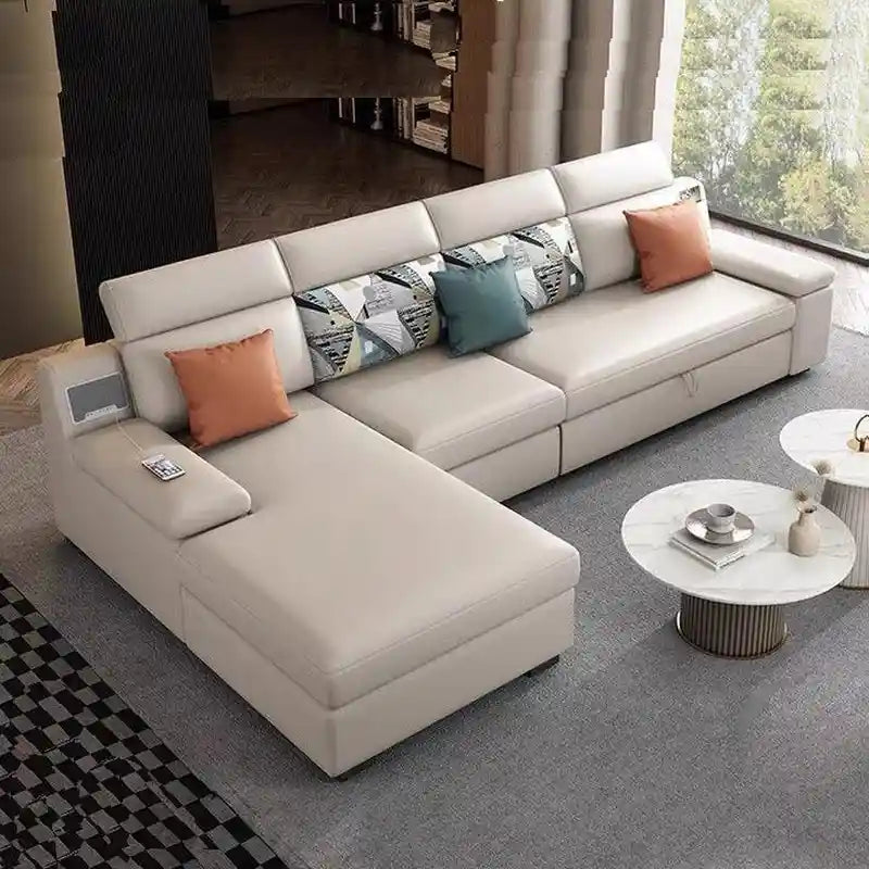  L shape sofa bed in cream with Bluetooth speaker, USB port, armrest control panel, and chaise seating