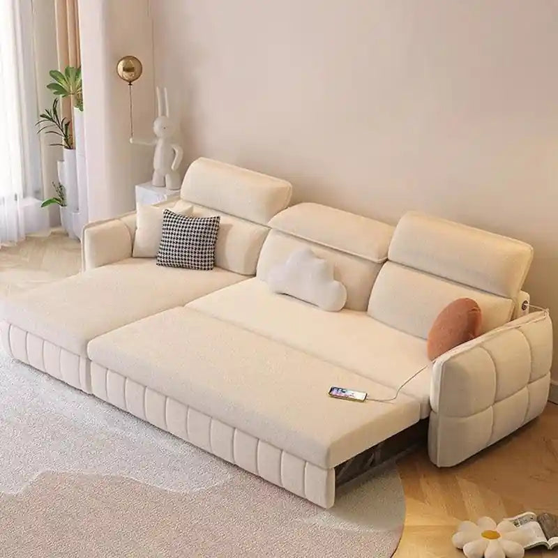 cream sofa to bed design with pull-out bed, chaise lounge, and spacious sleeping layout