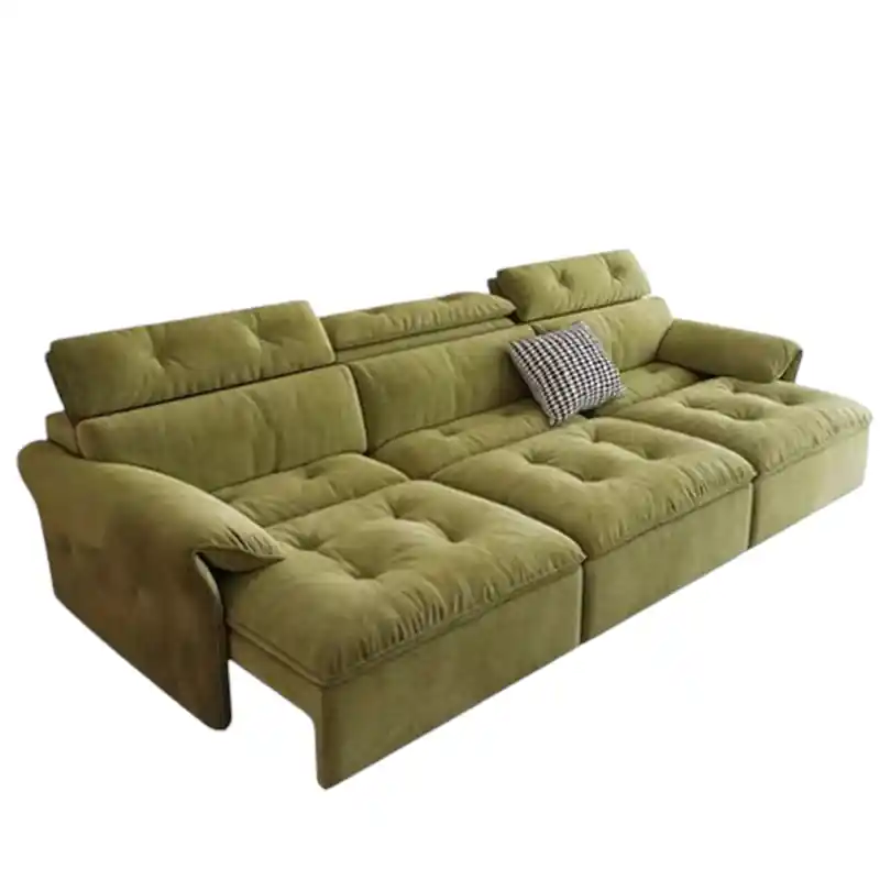 tan brown couch bed with pull-out panels and tufted lounge cushions