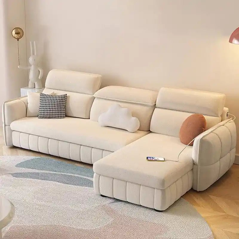 cream L shape sofa bed with USB port for apartment living room and guest sleeping use