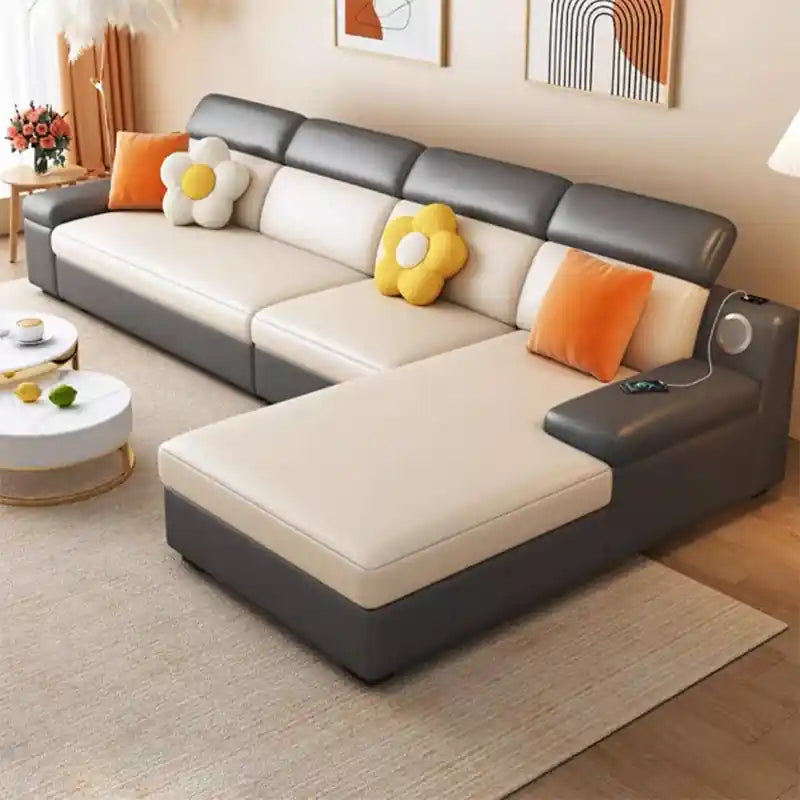  dark grey sofa cumm bed with chaise lounge, charging interface, and sofa bed storage design