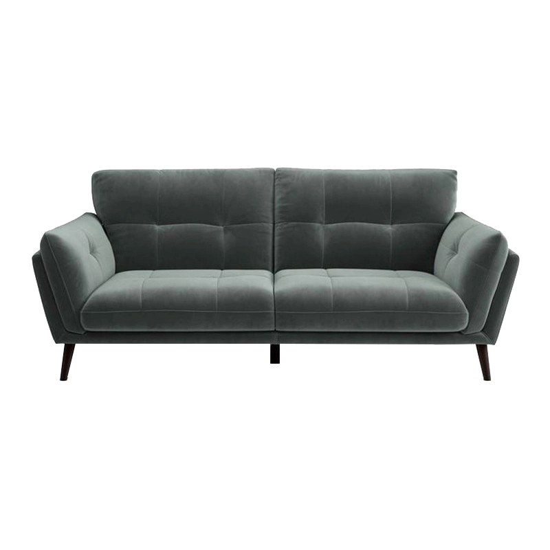 Green 3 seater leather sofa with tufted seat, padded arms, wooden legs, and contemporary couch style