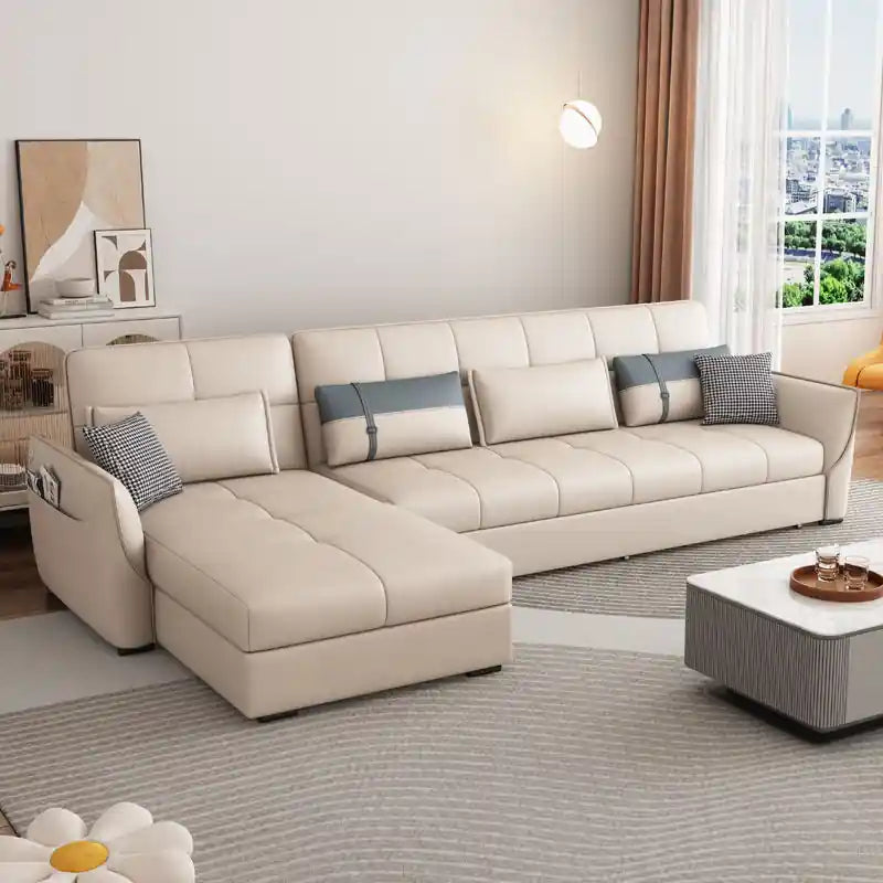 Close-up of sofa bed tufted cushions and back pillow detailing