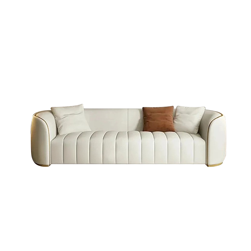 Modern lounge sofa with plush integrated cushions, gold metal legs, curved backrest, and luxury sofa comfort