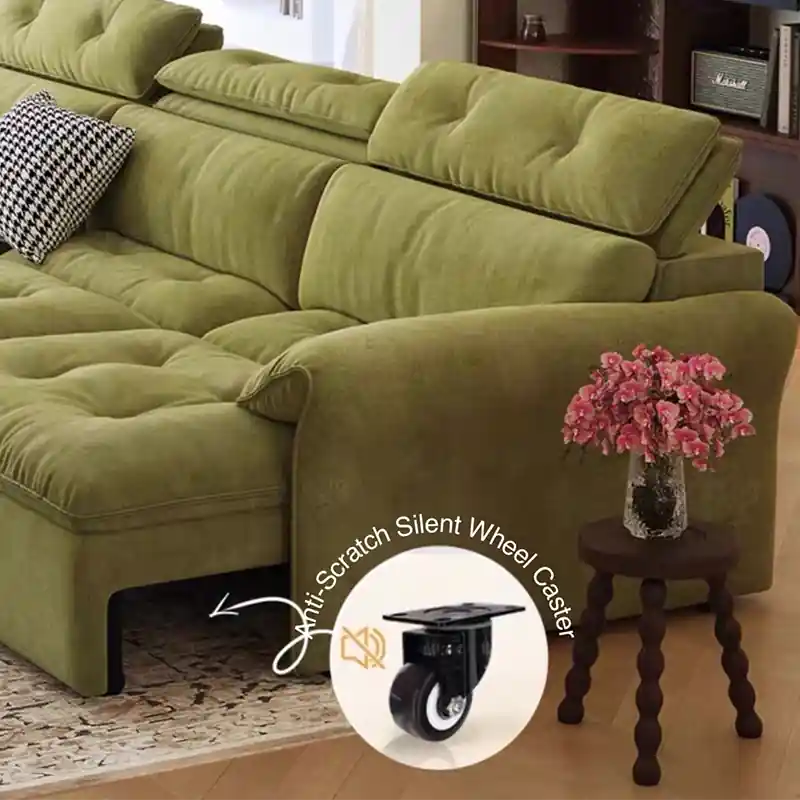 tan brown sofa cumm bed with plush padded arms and raised head pillows