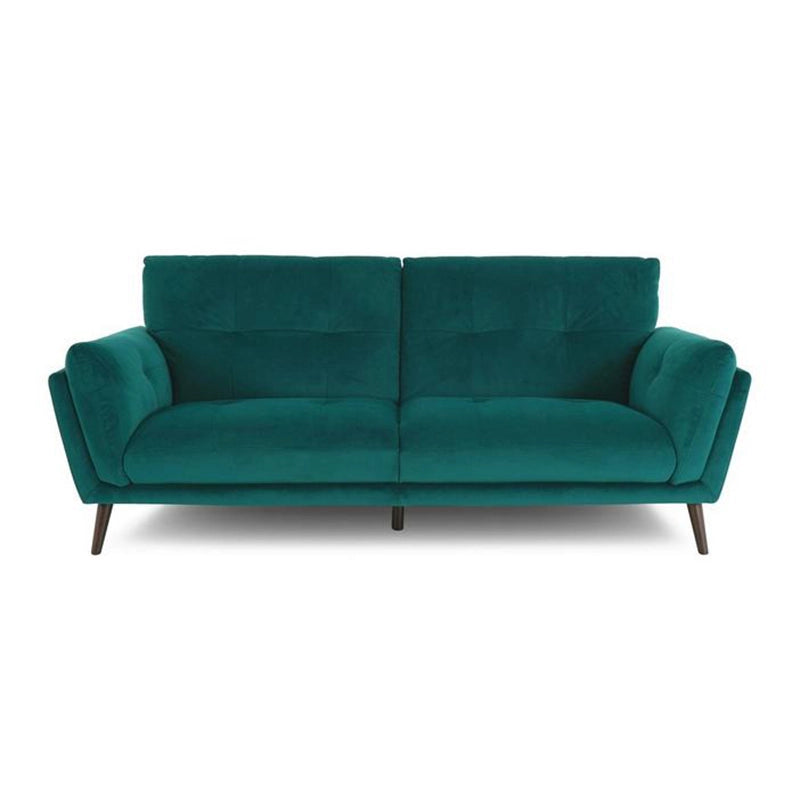 Beige leather sofa with tufted backrest, curved flared arms, wooden legs, and refined lounge sofa design