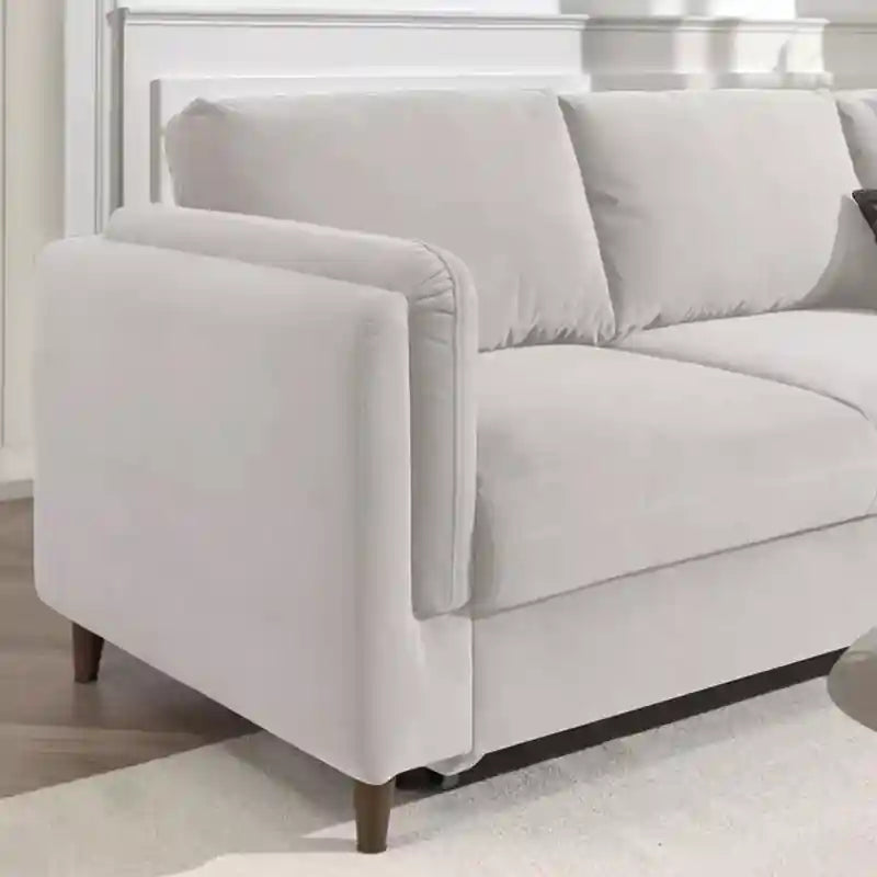  white L shape sofa bed with lift-up storage, raised wooden legs, and modern compact design